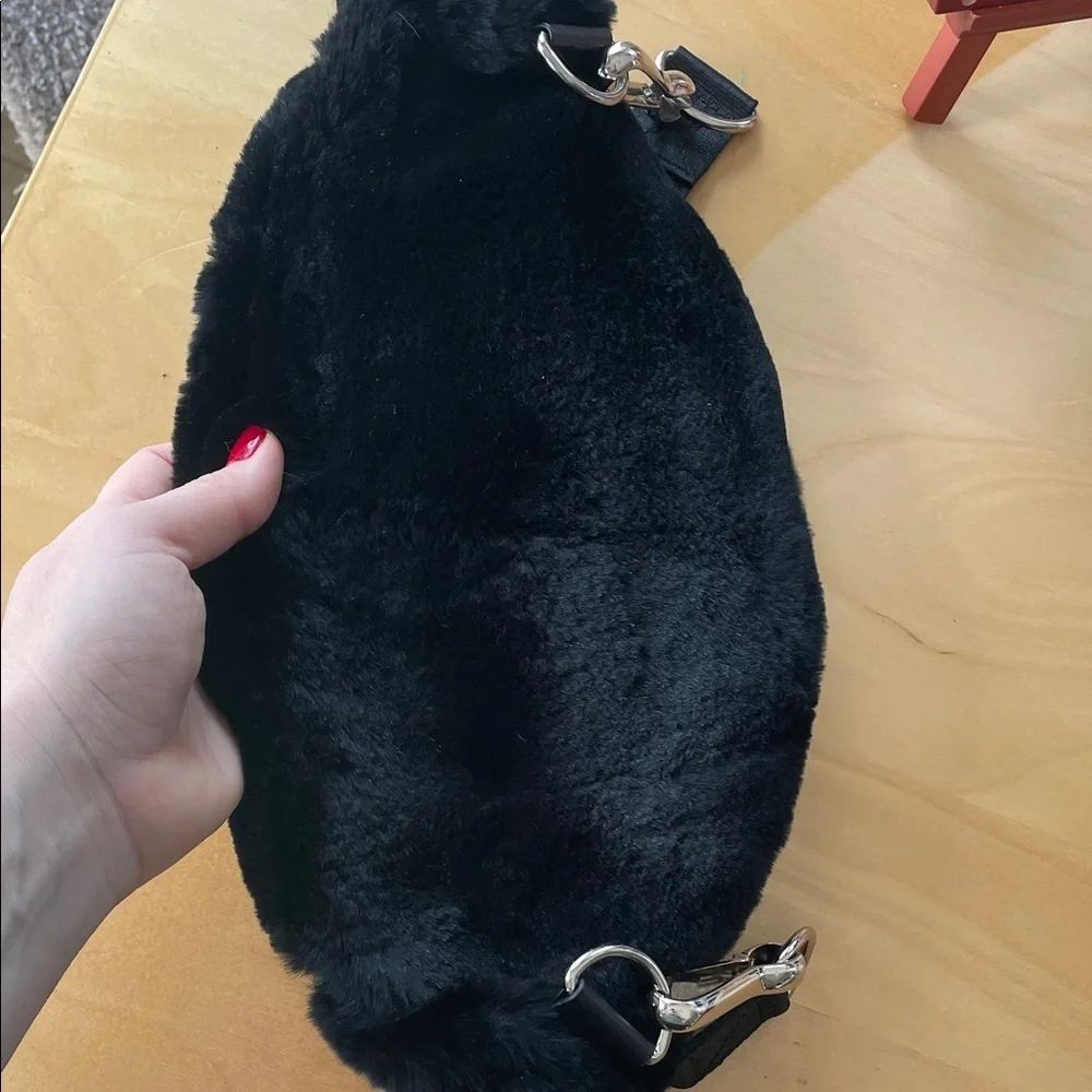 Black Real Rabbit Fur and Leather Belt Bag Crossbody JOCELYN